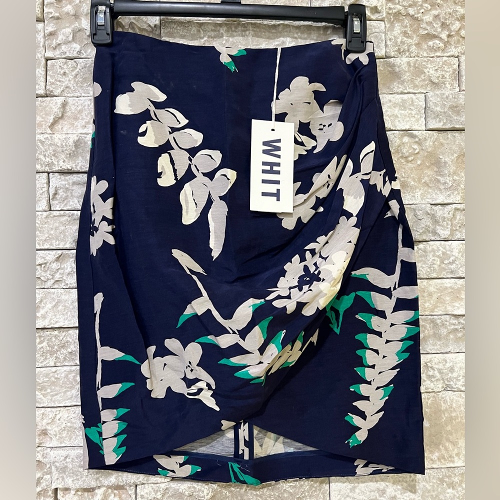 Whit Faux Wrap tropical palm skirt navy green white silk linen size 6 NWT
